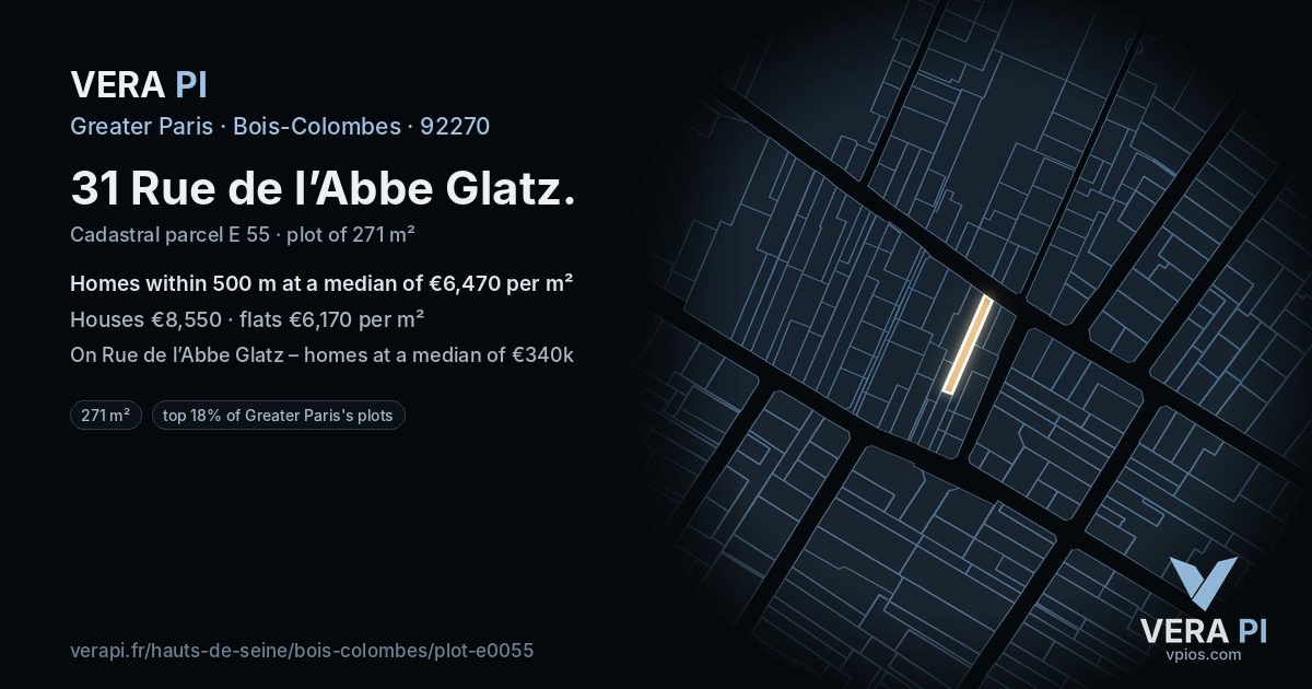 31 Rue de l’Abbe Glatz, Bois-Colombes at night – the plot lit, the parcels around coloured by the prices near them