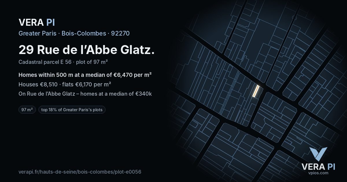 29 Rue de l’Abbe Glatz, Bois-Colombes at night – the plot lit, the parcels around coloured by the prices near them