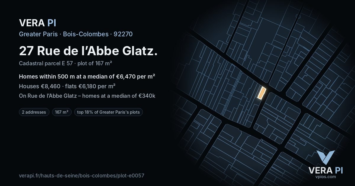 27 Rue de l’Abbe Glatz, Bois-Colombes at night – the plot lit, the parcels around coloured by the prices near them