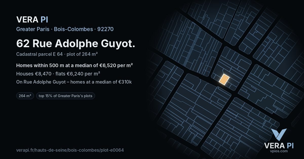 62 Rue Adolphe Guyot, Bois-Colombes at night – the plot lit, the parcels around coloured by the prices near them