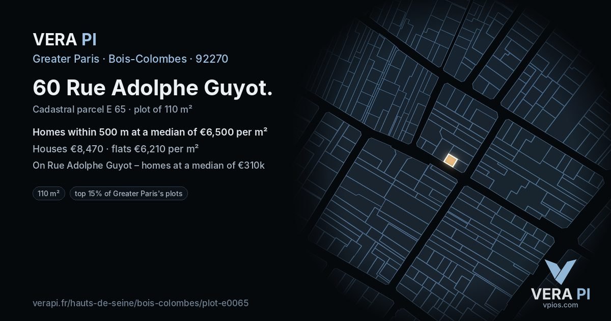 60 Rue Adolphe Guyot, Bois-Colombes at night – the plot lit, the parcels around coloured by the prices near them