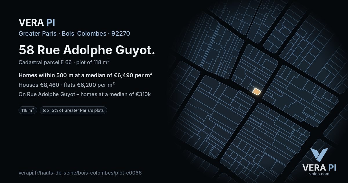 58 Rue Adolphe Guyot, Bois-Colombes at night – the plot lit, the parcels around coloured by the prices near them