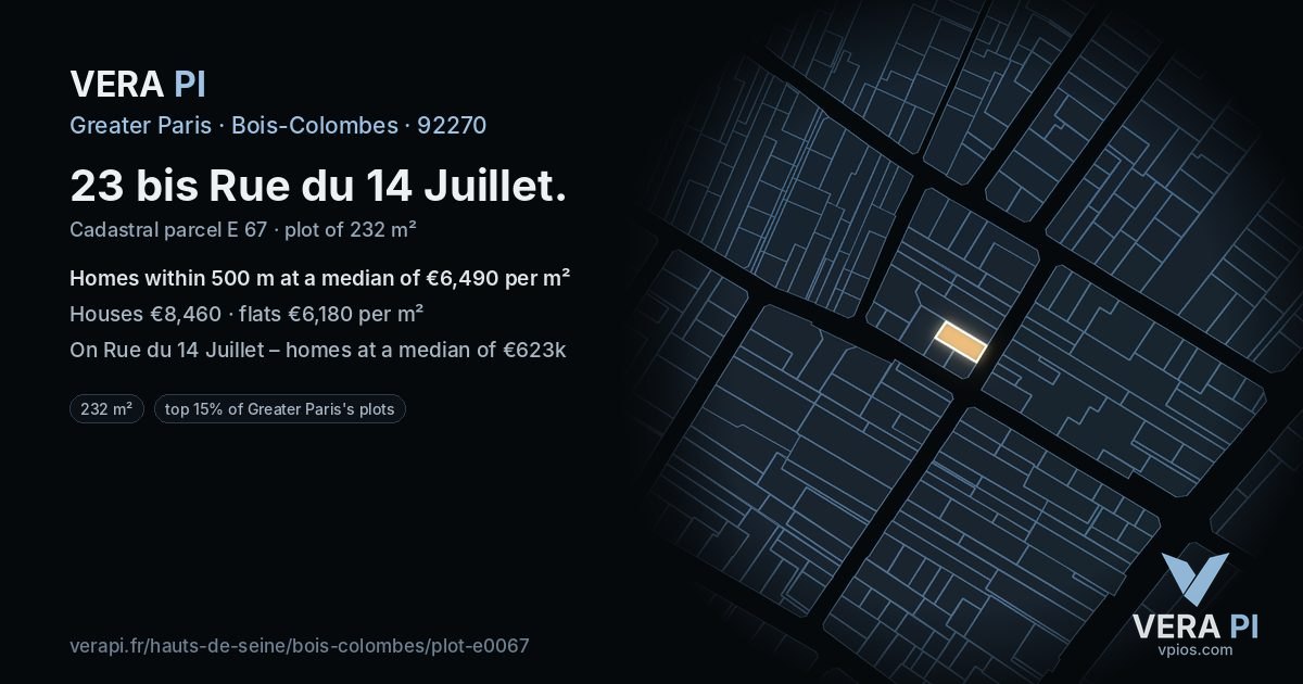 23 bis Rue du 14 Juillet, Bois-Colombes at night – the plot lit, the parcels around coloured by the prices near them