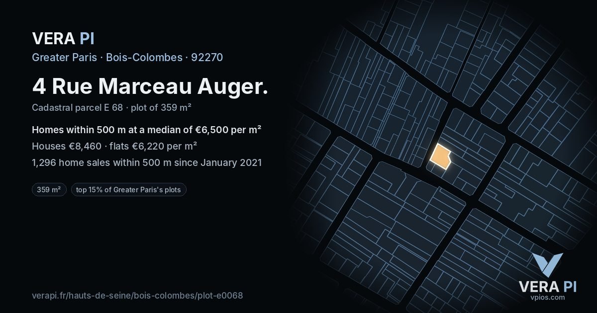 4 Rue Marceau Auger, Bois-Colombes at night – the plot lit, the parcels around coloured by the prices near them