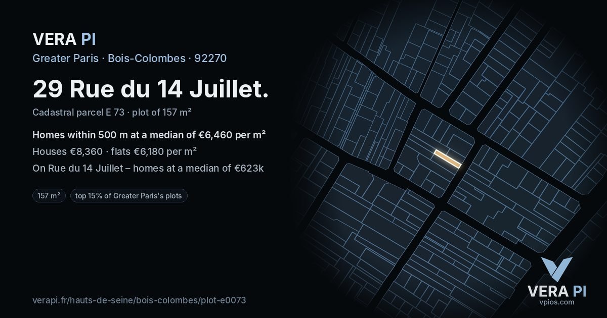 29 Rue du 14 Juillet, Bois-Colombes at night – the plot lit, the parcels around coloured by the prices near them