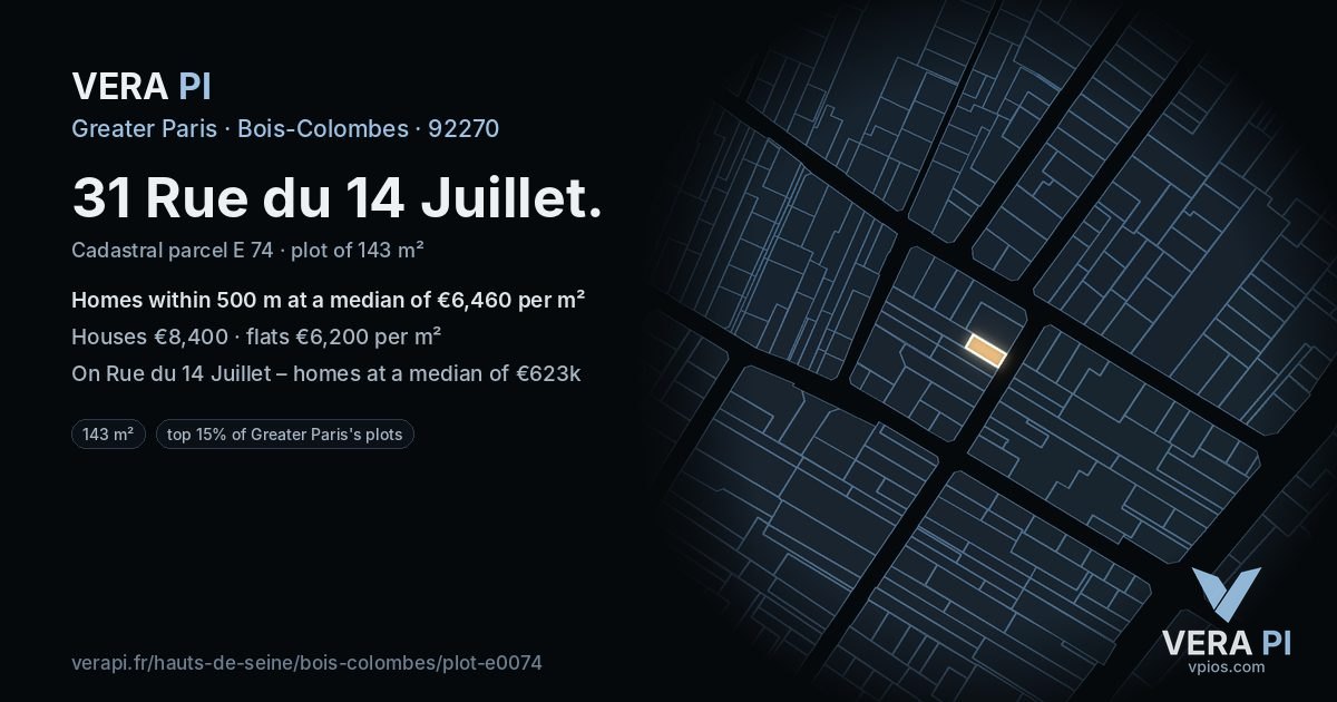 31 Rue du 14 Juillet, Bois-Colombes at night – the plot lit, the parcels around coloured by the prices near them
