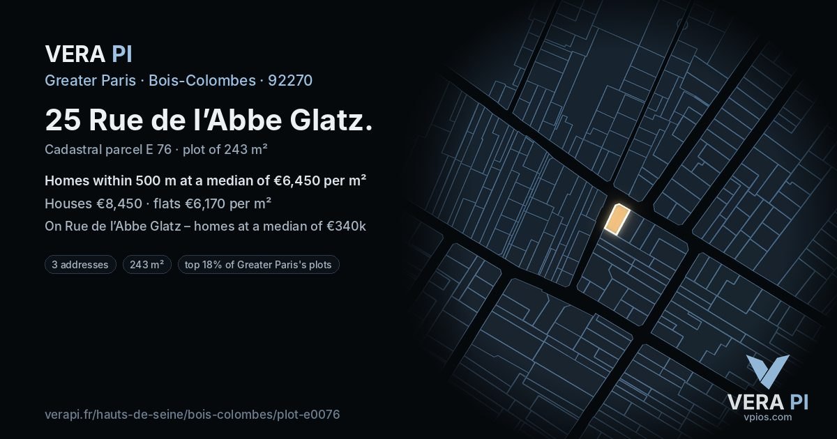 25 Rue de l’Abbe Glatz, Bois-Colombes at night – the plot lit, the parcels around coloured by the prices near them