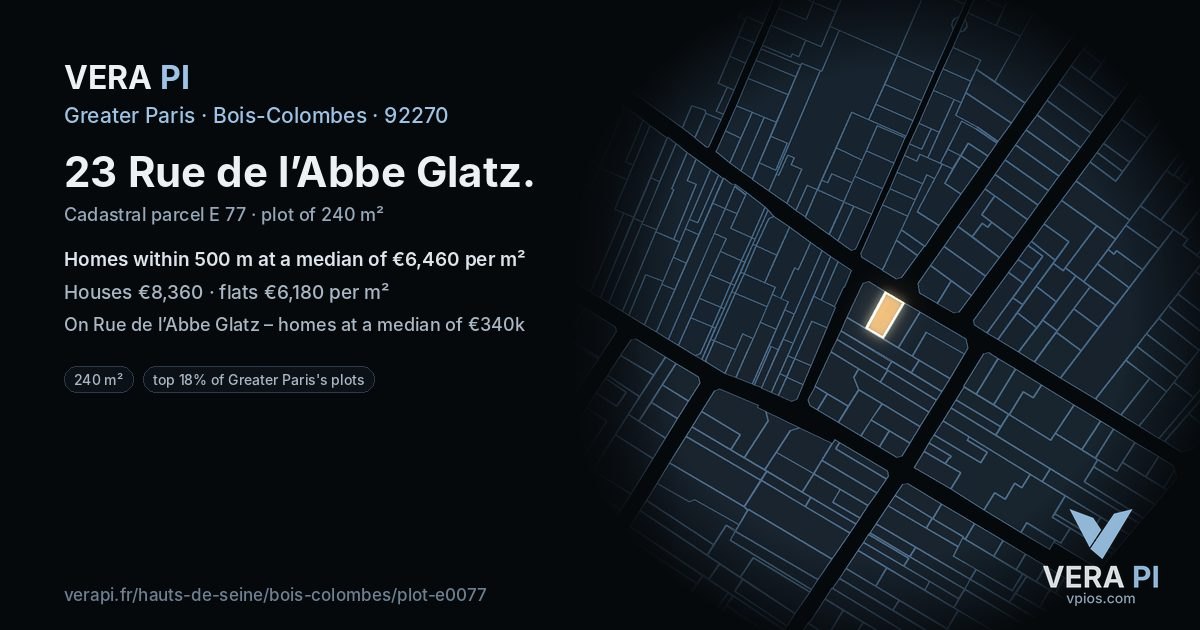 23 Rue de l’Abbe Glatz, Bois-Colombes at night – the plot lit, the parcels around coloured by the prices near them
