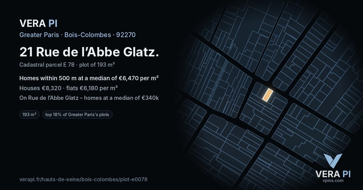 21 Rue de l’Abbe Glatz, Bois-Colombes at night – the plot lit, the parcels around coloured by the prices near them