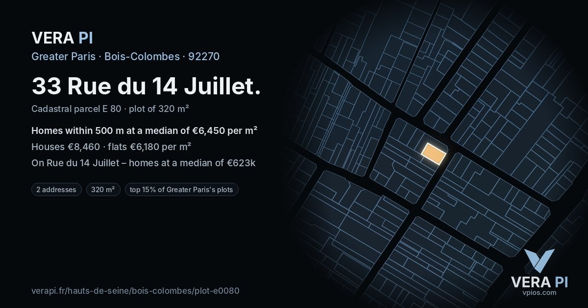 33 Rue du 14 Juillet, Bois-Colombes at night – the plot lit, the parcels around coloured by the prices near them