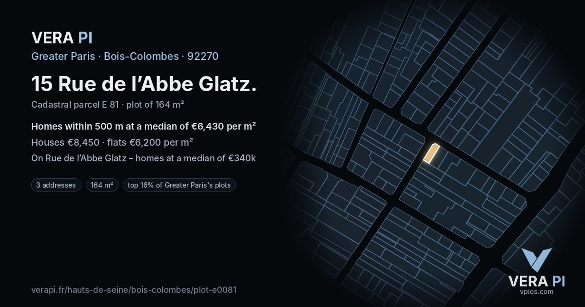 15 Rue de l’Abbe Glatz, Bois-Colombes at night – the plot lit, the parcels around coloured by the prices near them