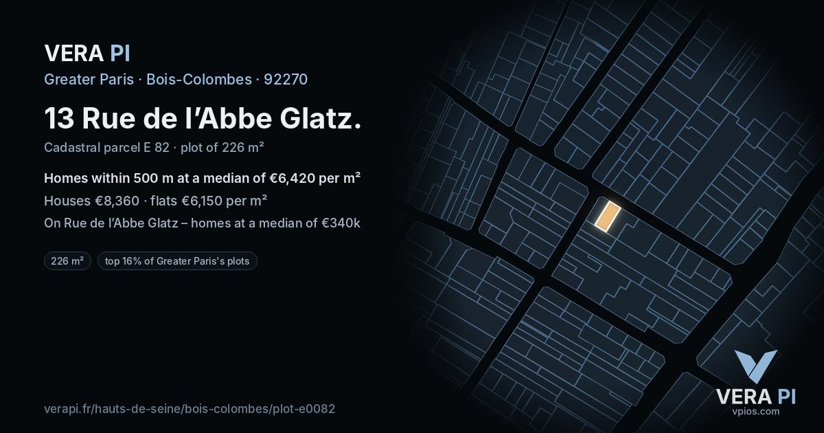 13 Rue de l’Abbe Glatz, Bois-Colombes at night – the plot lit, the parcels around coloured by the prices near them
