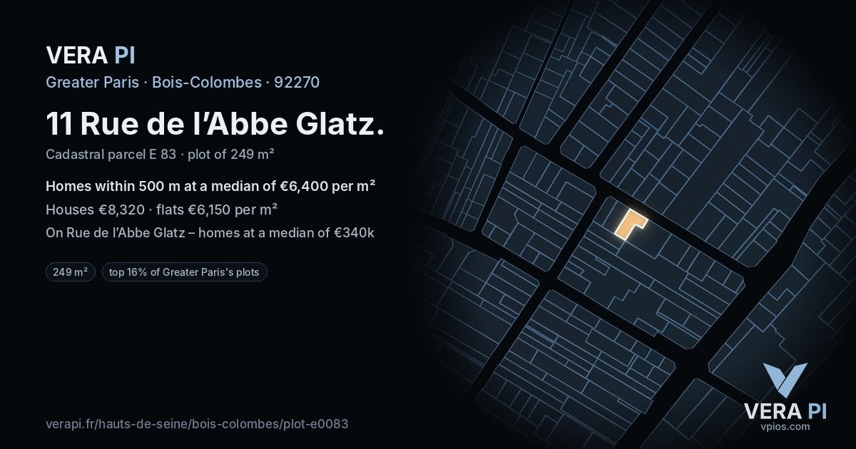 11 Rue de l’Abbe Glatz, Bois-Colombes at night – the plot lit, the parcels around coloured by the prices near them