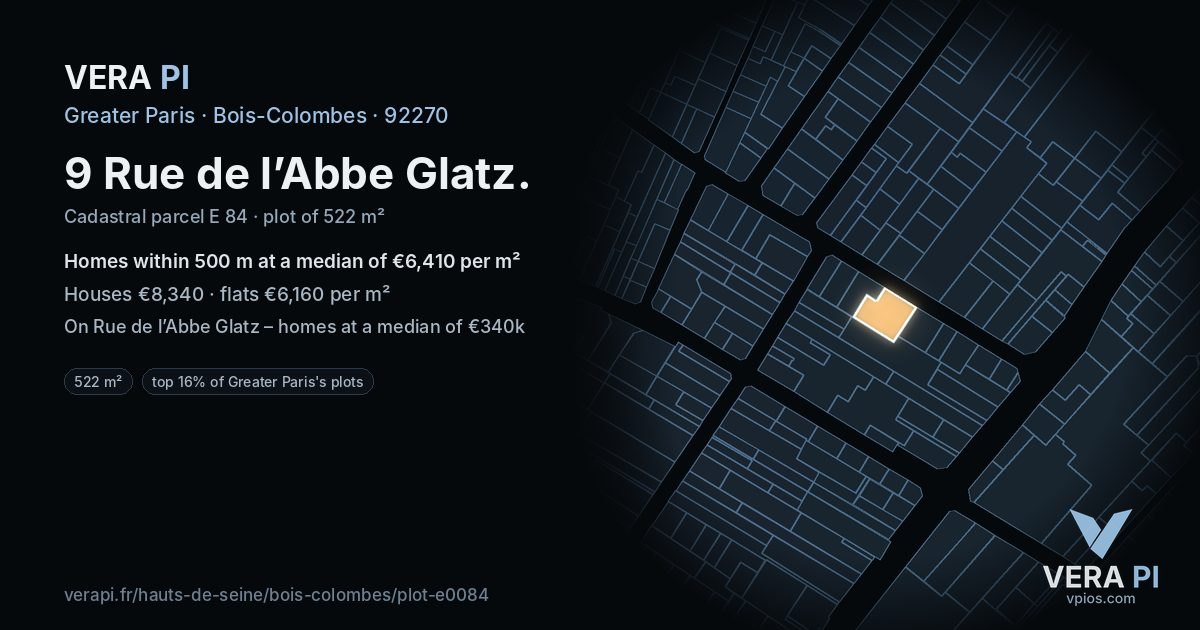 9 Rue de l’Abbe Glatz, Bois-Colombes at night – the plot lit, the parcels around coloured by the prices near them