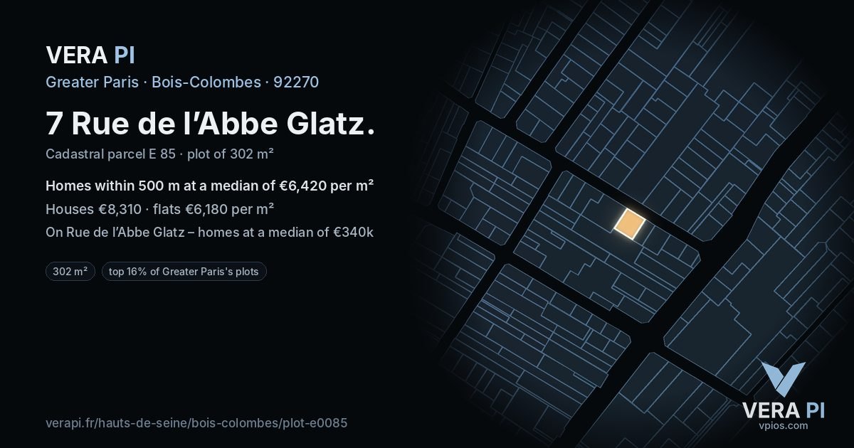 7 Rue de l’Abbe Glatz, Bois-Colombes at night – the plot lit, the parcels around coloured by the prices near them
