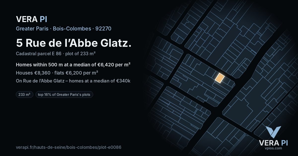 5 Rue de l’Abbe Glatz, Bois-Colombes at night – the plot lit, the parcels around coloured by the prices near them