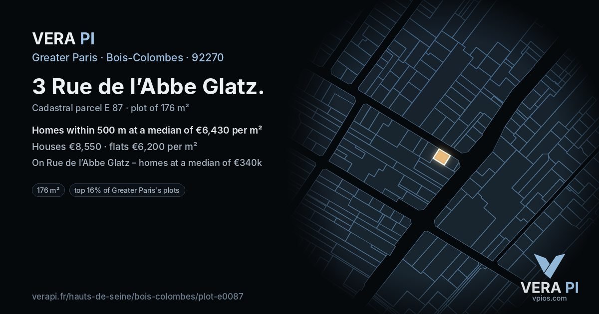 3 Rue de l’Abbe Glatz, Bois-Colombes at night – the plot lit, the parcels around coloured by the prices near them