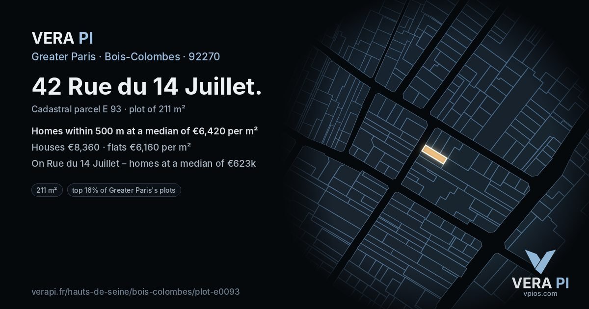42 Rue du 14 Juillet, Bois-Colombes at night – the plot lit, the parcels around coloured by the prices near them