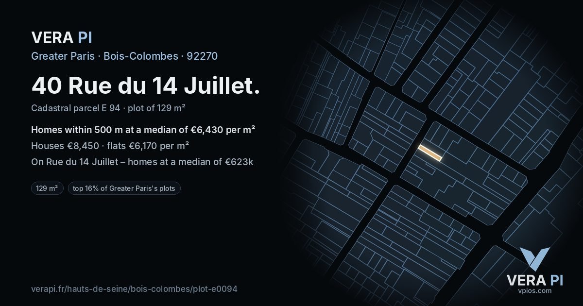 40 Rue du 14 Juillet, Bois-Colombes at night – the plot lit, the parcels around coloured by the prices near them