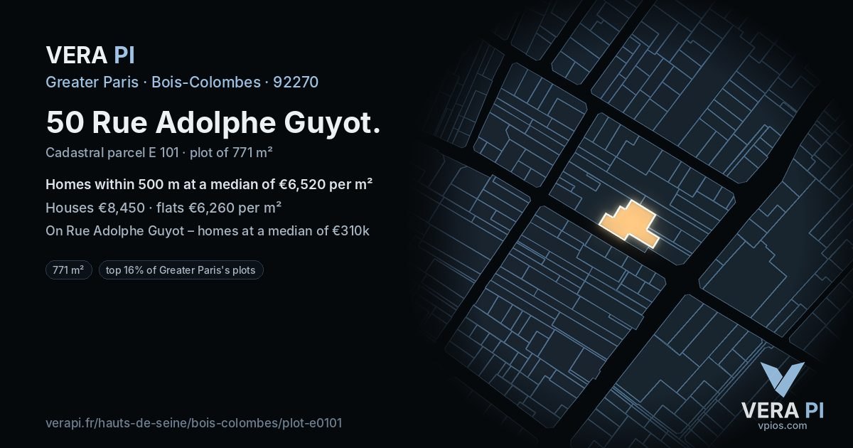 50 Rue Adolphe Guyot, Bois-Colombes at night – the plot lit, the parcels around coloured by the prices near them