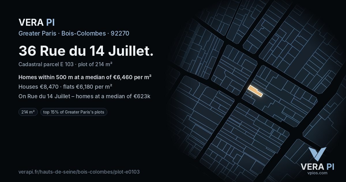 36 Rue du 14 Juillet, Bois-Colombes at night – the plot lit, the parcels around coloured by the prices near them