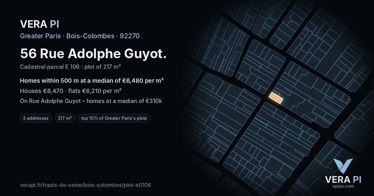 56 Rue Adolphe Guyot, Bois-Colombes at night – the plot lit, the parcels around coloured by the prices near them
