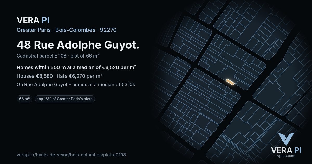 48 Rue Adolphe Guyot, Bois-Colombes at night – the plot lit, the parcels around coloured by the prices near them