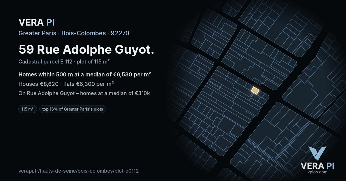 59 Rue Adolphe Guyot, Bois-Colombes at night – the plot lit, the parcels around coloured by the prices near them