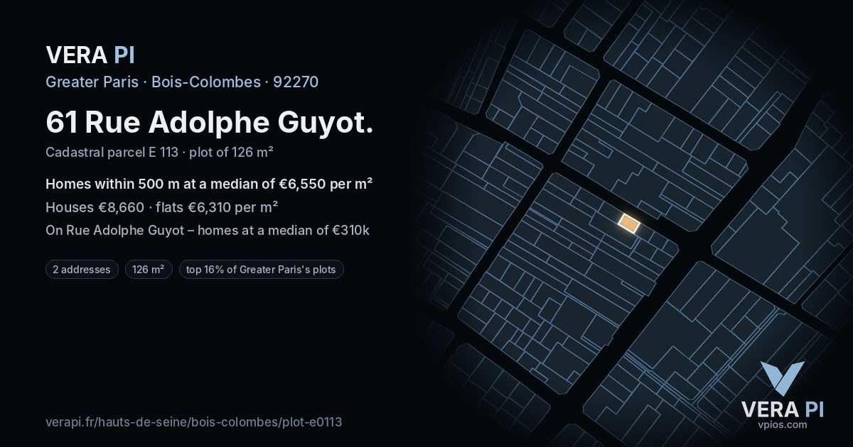 61 Rue Adolphe Guyot, Bois-Colombes at night – the plot lit, the parcels around coloured by the prices near them