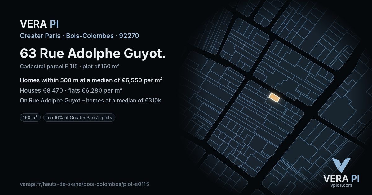 63 Rue Adolphe Guyot, Bois-Colombes at night – the plot lit, the parcels around coloured by the prices near them