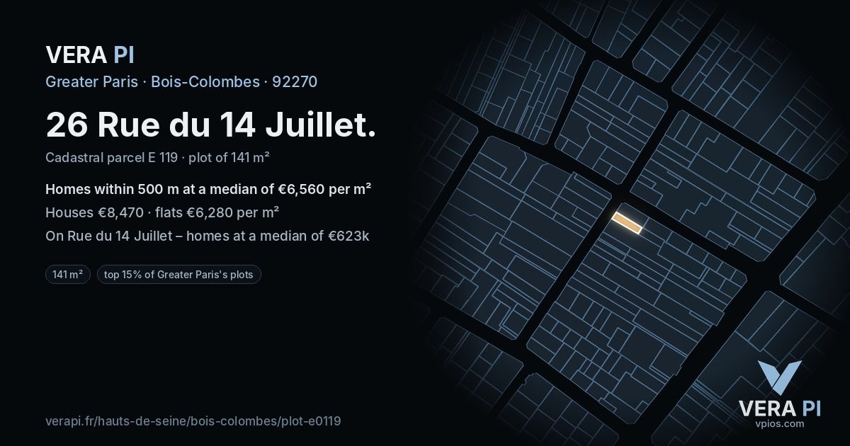 26 Rue du 14 Juillet, Bois-Colombes at night – the plot lit, the parcels around coloured by the prices near them