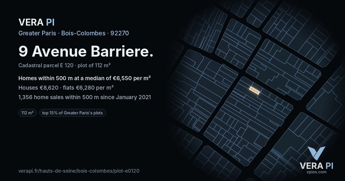 9 Avenue Barriere, Bois-Colombes at night – the plot lit, the parcels around coloured by the prices near them