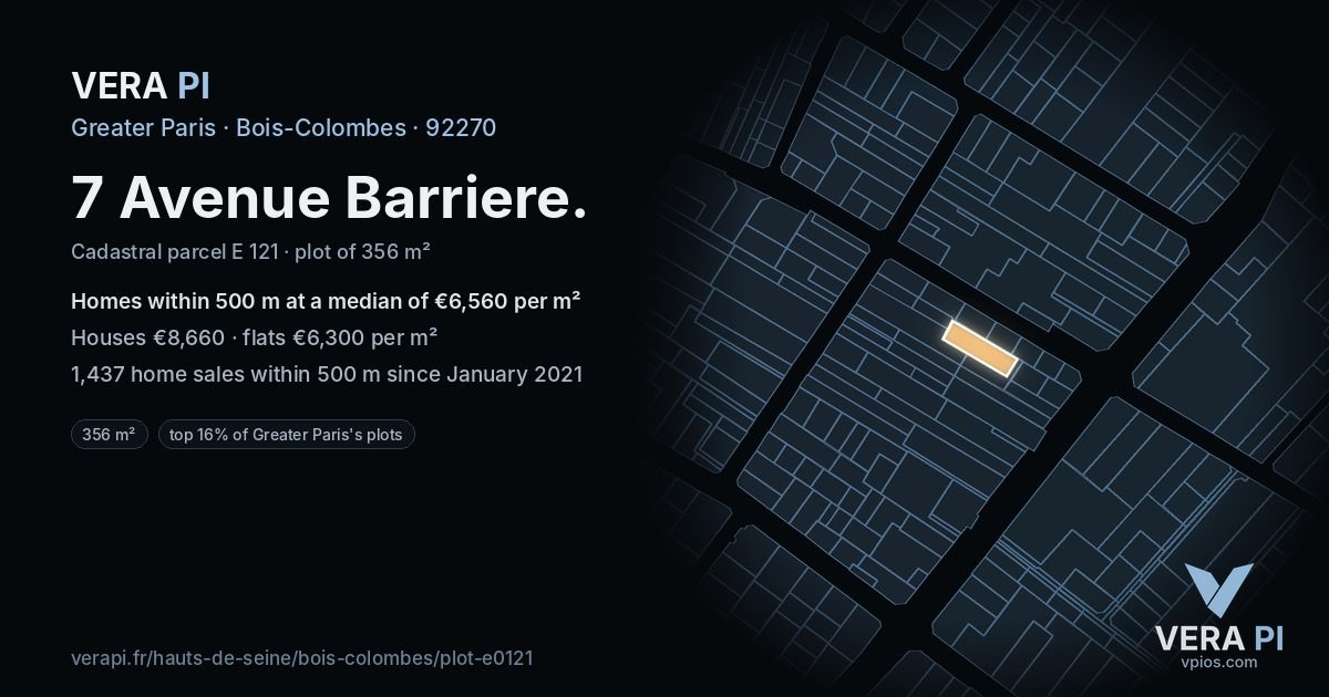 7 Avenue Barriere, Bois-Colombes at night – the plot lit, the parcels around coloured by the prices near them