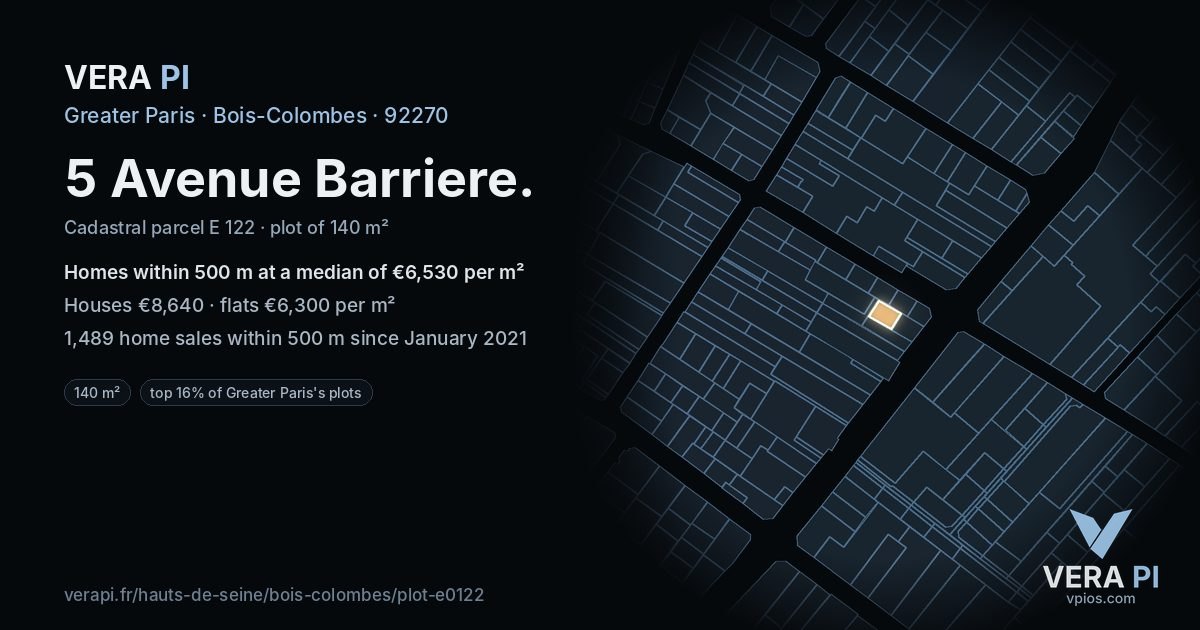 5 Avenue Barriere, Bois-Colombes at night – the plot lit, the parcels around coloured by the prices near them