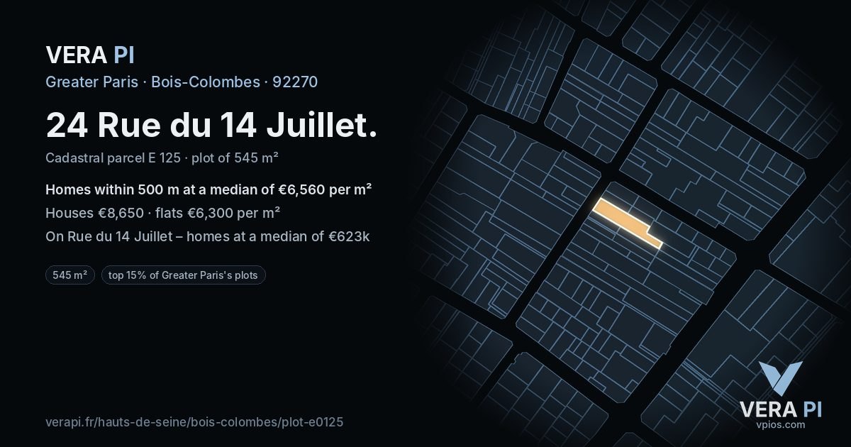 24 Rue du 14 Juillet, Bois-Colombes at night – the plot lit, the parcels around coloured by the prices near them