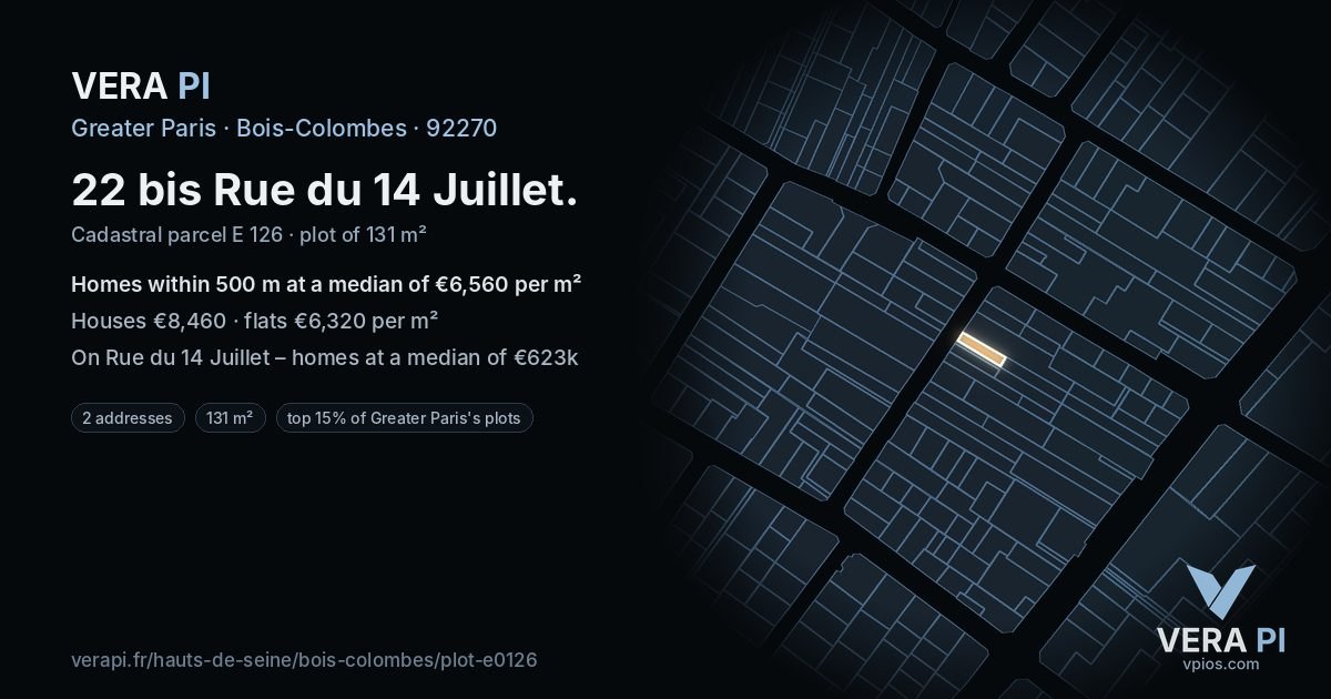 22 bis Rue du 14 Juillet, Bois-Colombes at night – the plot lit, the parcels around coloured by the prices near them
