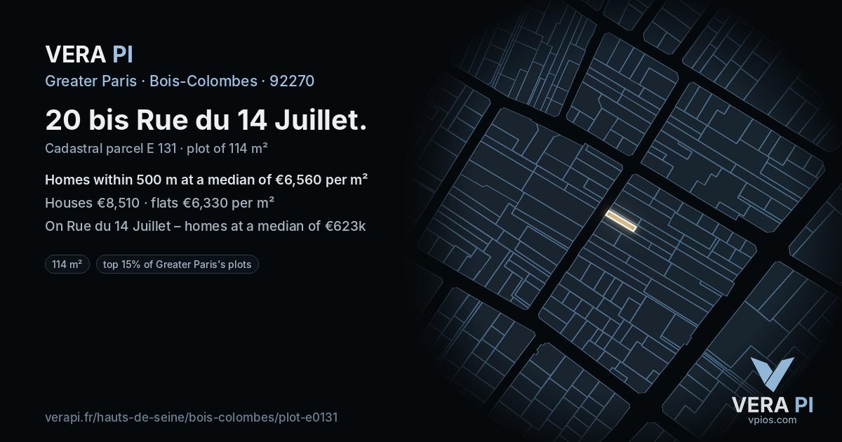 20 bis Rue du 14 Juillet, Bois-Colombes at night – the plot lit, the parcels around coloured by the prices near them