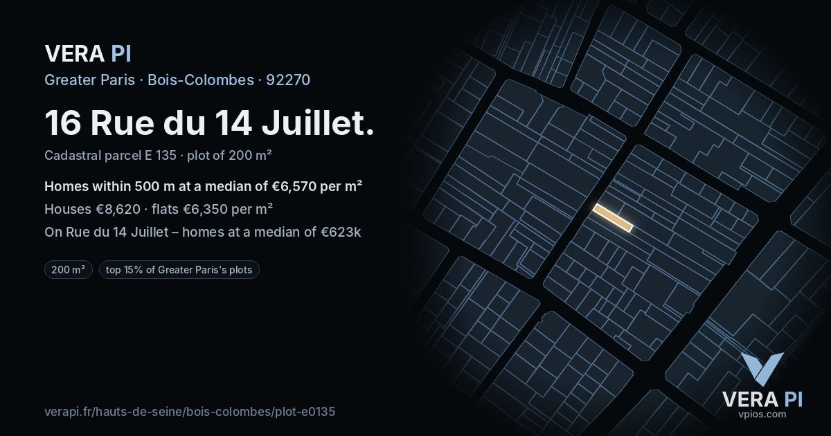 16 Rue du 14 Juillet, Bois-Colombes at night – the plot lit, the parcels around coloured by the prices near them