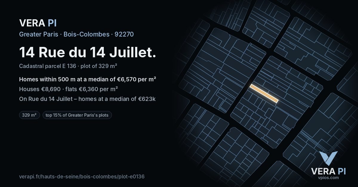 14 Rue du 14 Juillet, Bois-Colombes at night – the plot lit, the parcels around coloured by the prices near them
