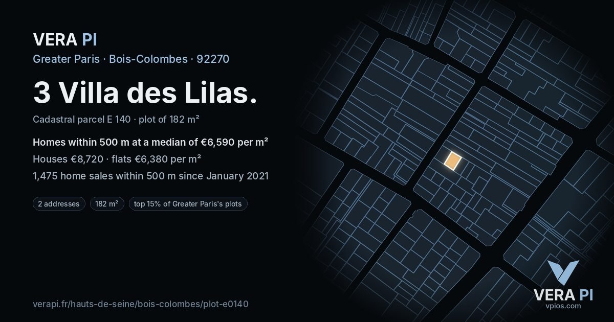3 Villa des Lilas, Bois-Colombes at night – the plot lit, the parcels around coloured by the prices near them
