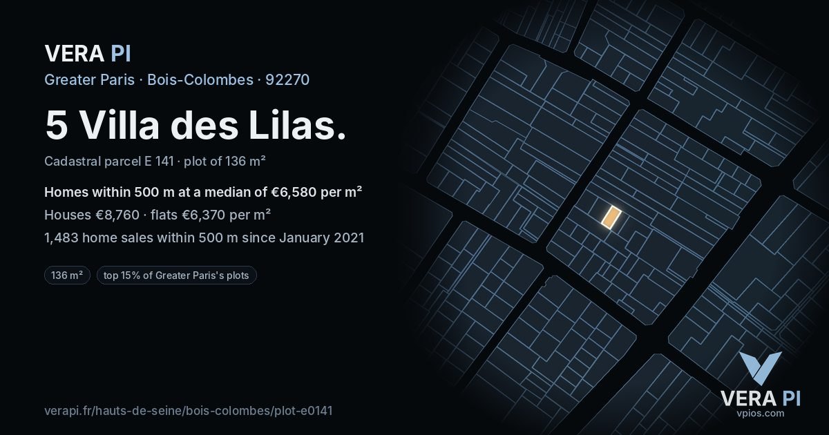 5 Villa des Lilas, Bois-Colombes at night – the plot lit, the parcels around coloured by the prices near them