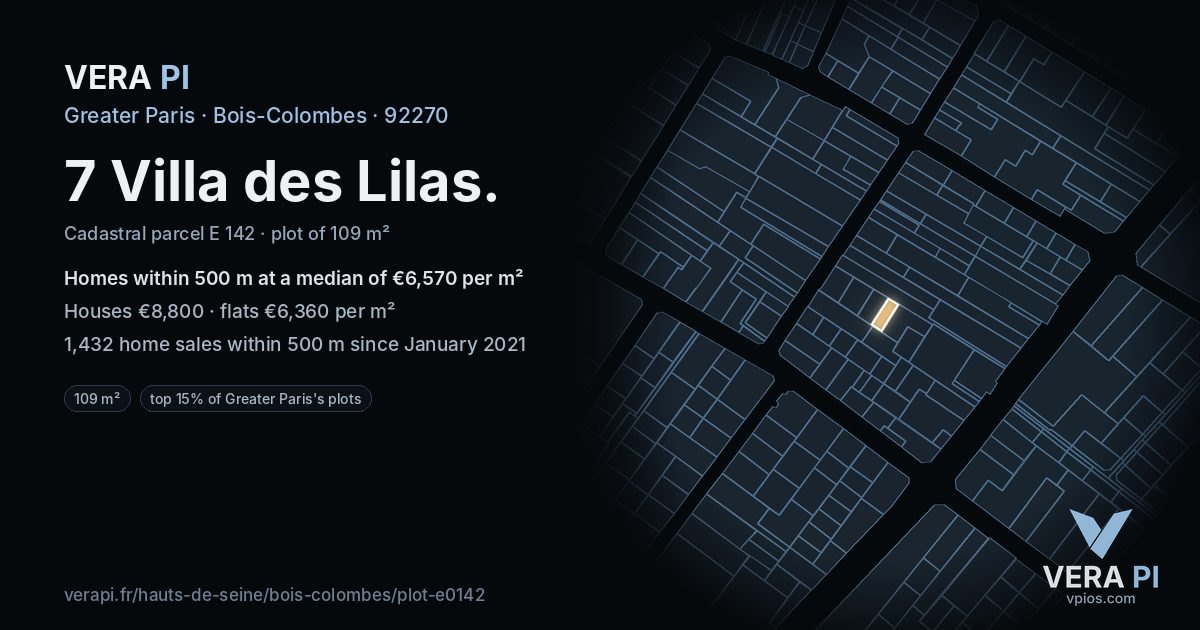 7 Villa des Lilas, Bois-Colombes at night – the plot lit, the parcels around coloured by the prices near them