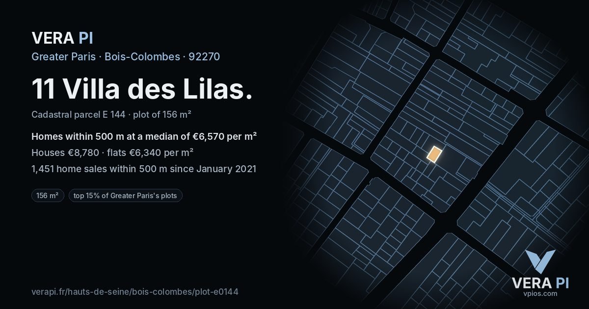 11 Villa des Lilas, Bois-Colombes at night – the plot lit, the parcels around coloured by the prices near them
