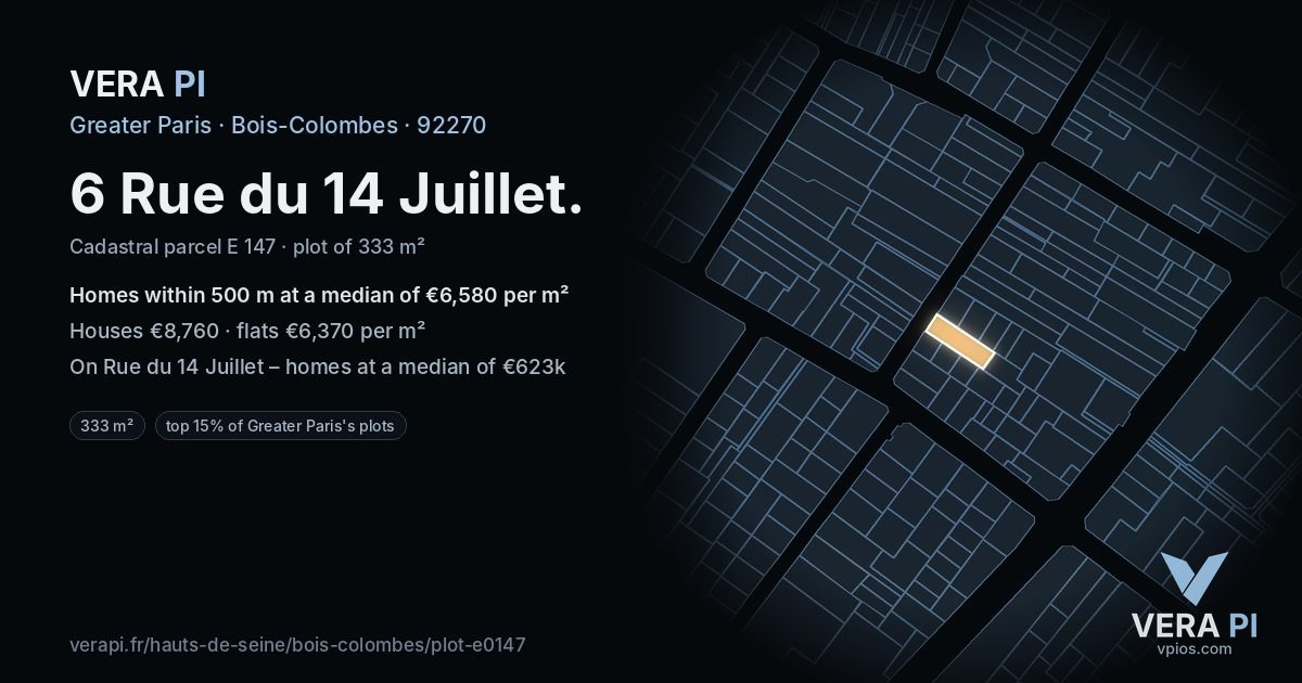 6 Rue du 14 Juillet, Bois-Colombes at night – the plot lit, the parcels around coloured by the prices near them