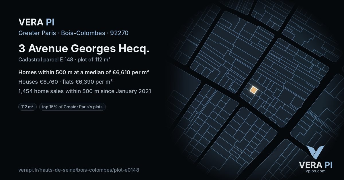 3 Avenue Georges Hecq, Bois-Colombes at night – the plot lit, the parcels around coloured by the prices near them