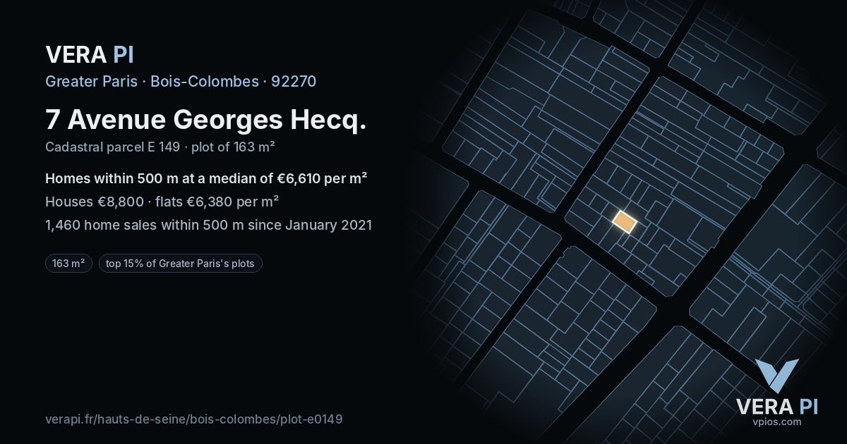 7 Avenue Georges Hecq, Bois-Colombes at night – the plot lit, the parcels around coloured by the prices near them