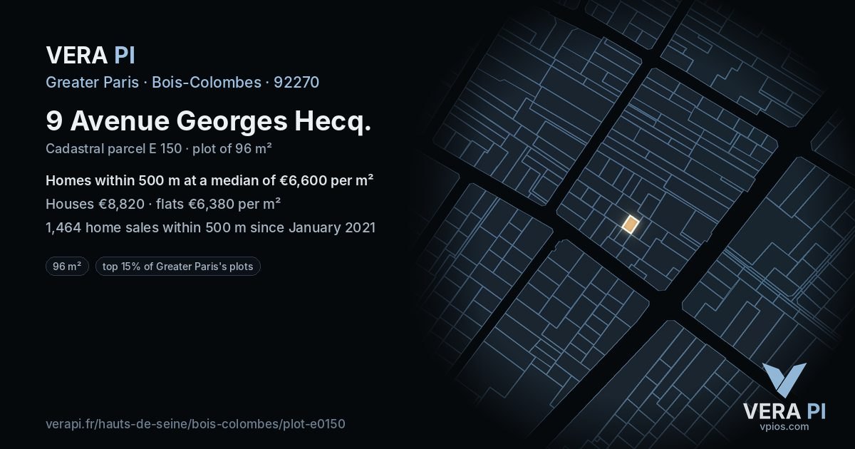 9 Avenue Georges Hecq, Bois-Colombes at night – the plot lit, the parcels around coloured by the prices near them