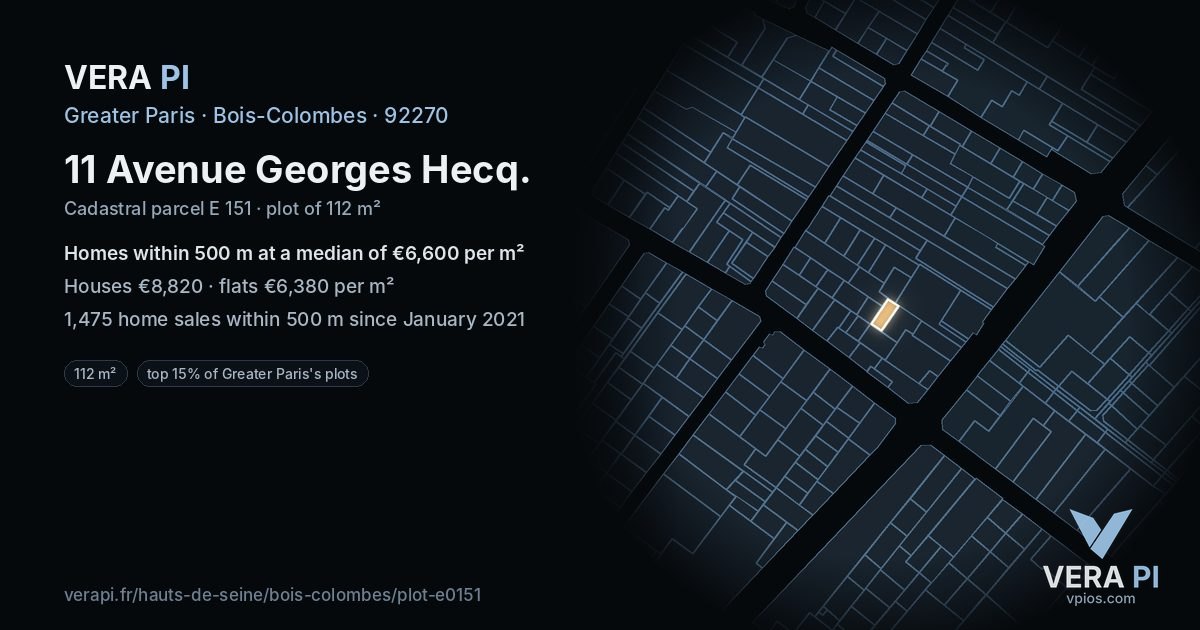 11 Avenue Georges Hecq, Bois-Colombes at night – the plot lit, the parcels around coloured by the prices near them