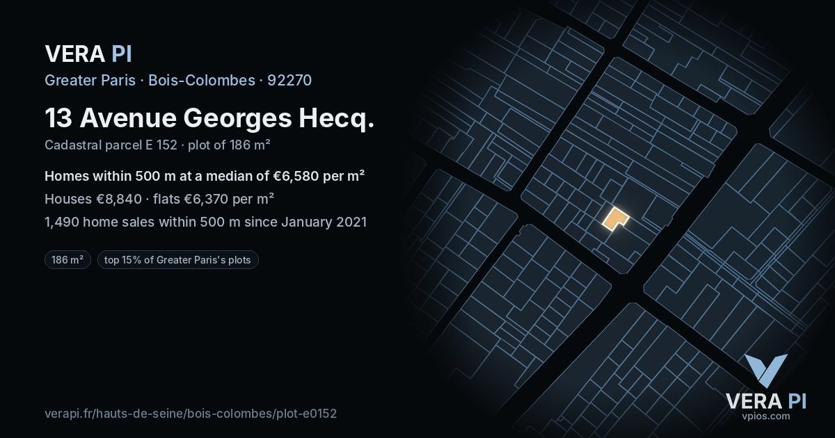 13 Avenue Georges Hecq, Bois-Colombes at night – the plot lit, the parcels around coloured by the prices near them