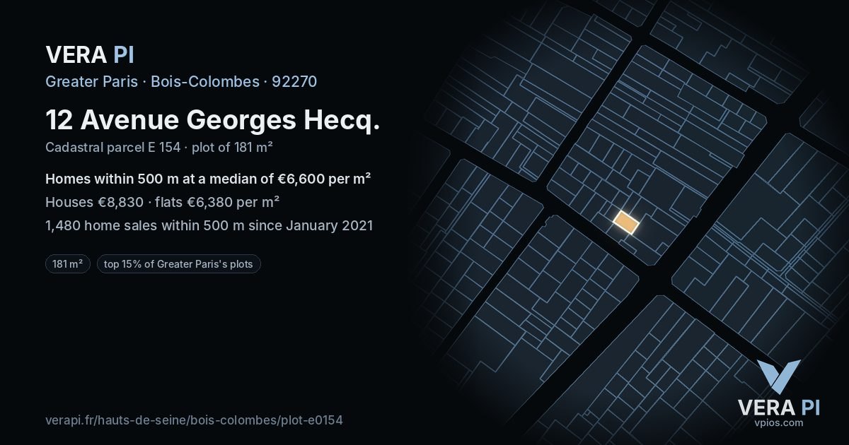 12 Avenue Georges Hecq, Bois-Colombes at night – the plot lit, the parcels around coloured by the prices near them
